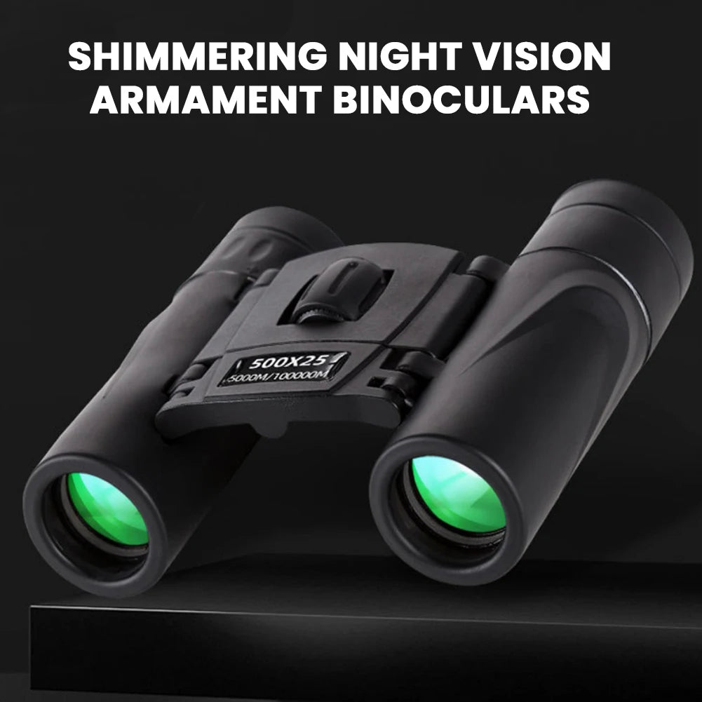 Black night vision binoculars with green lenses on a black background, labeled 'Shimmering Night Vision Armament Binoculars'.