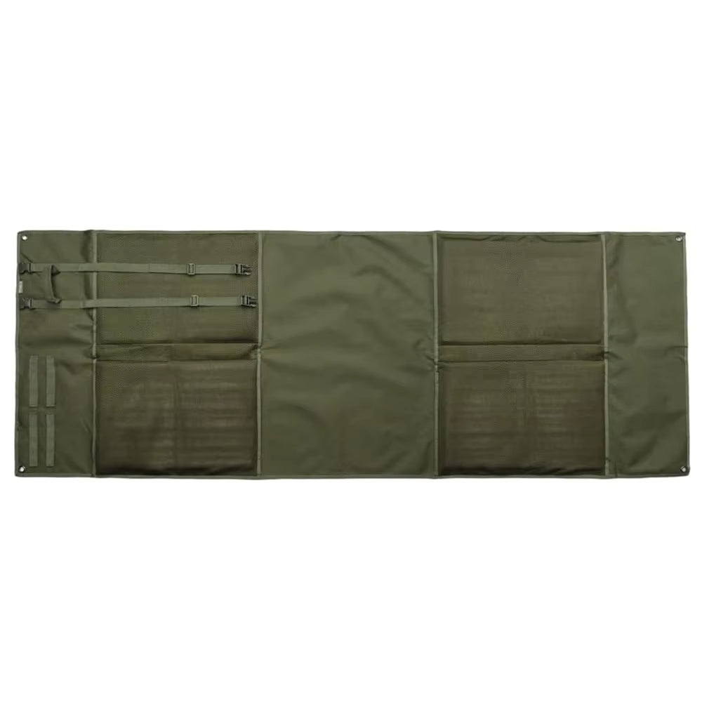 Top-down view of the tactical shooting mat unrolled flat, showing gear pouches and elastic loops, green