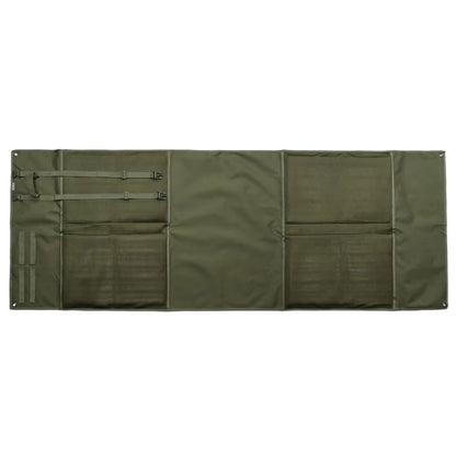 Top-down view of the tactical shooting mat unrolled flat, showing gear pouches and elastic loops, green
