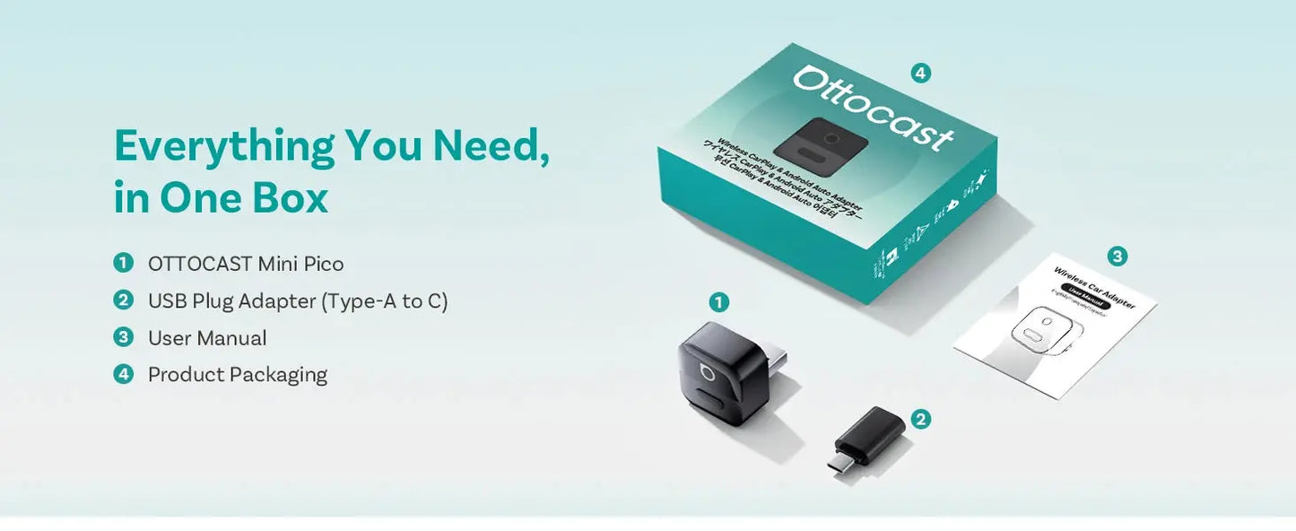 Ottocast product set with packaging, adapter, and user manual on a light blue background