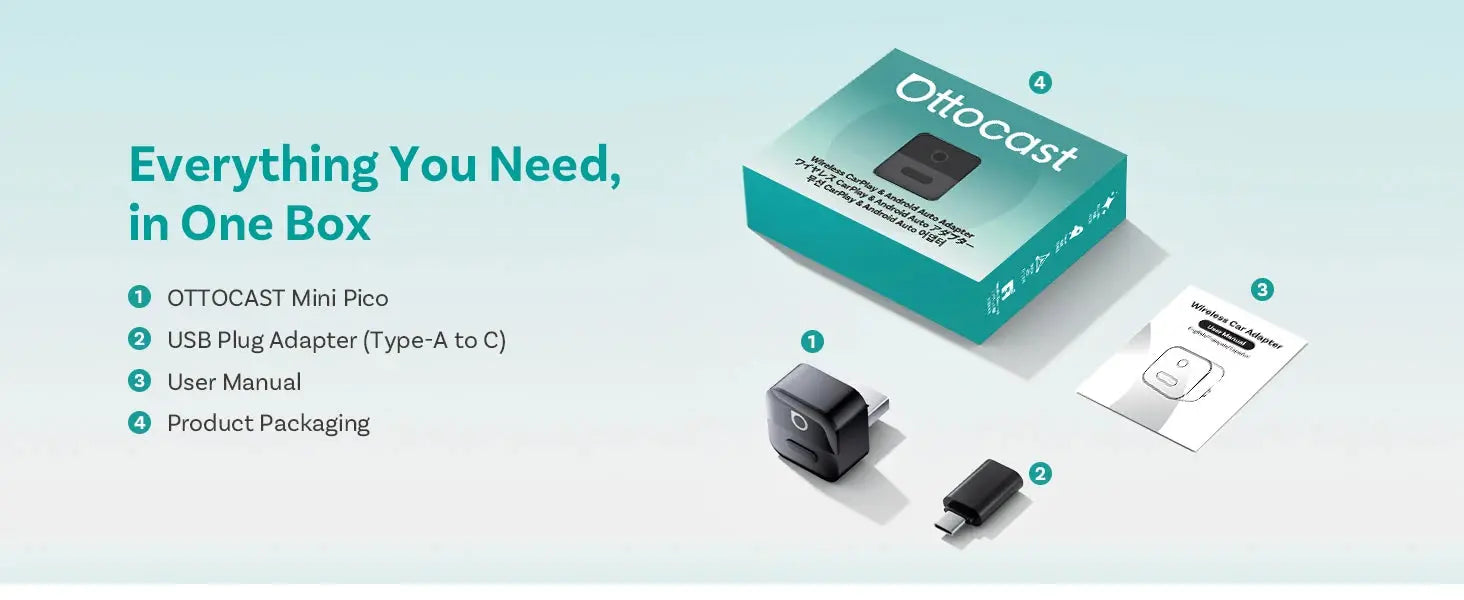 Ottocast product set with packaging, adapter, and user manual on a light blue background