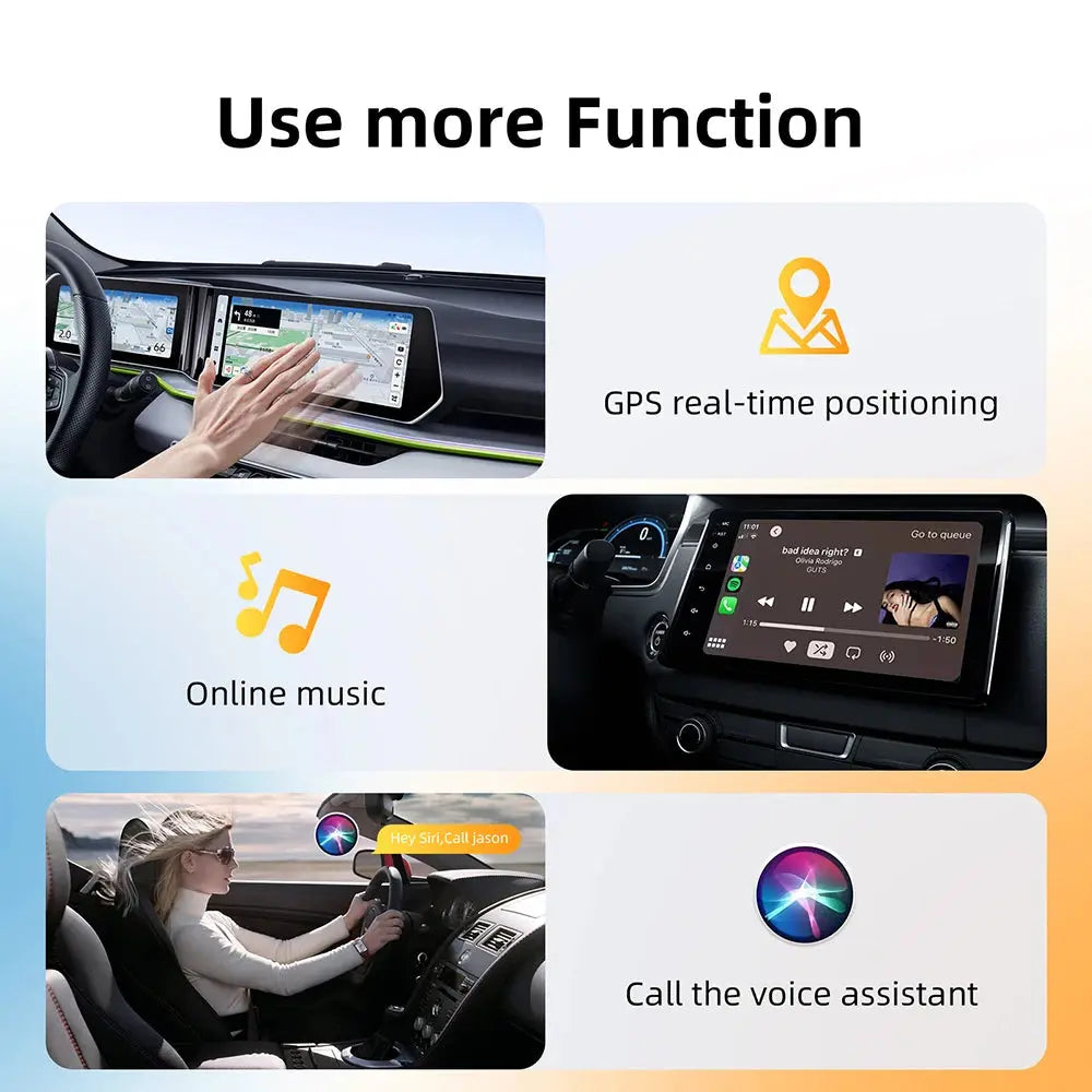 Car dashboard with touchscreen display featuring GPS, music, and voice assistant functions.