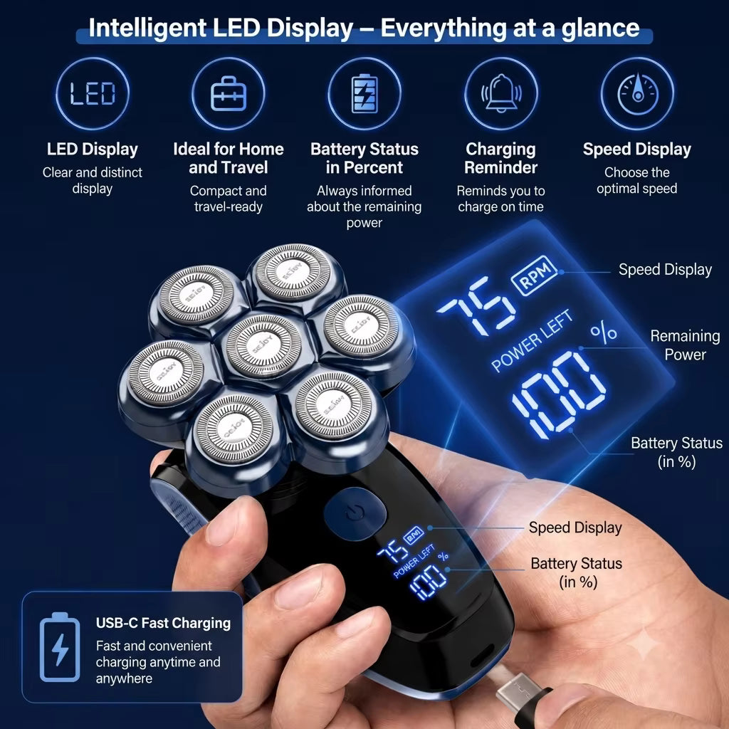 7D Floating 5-in-1 Electric Head Shaver for Bald Men | IPX7, LED, USB-C Fast Charge