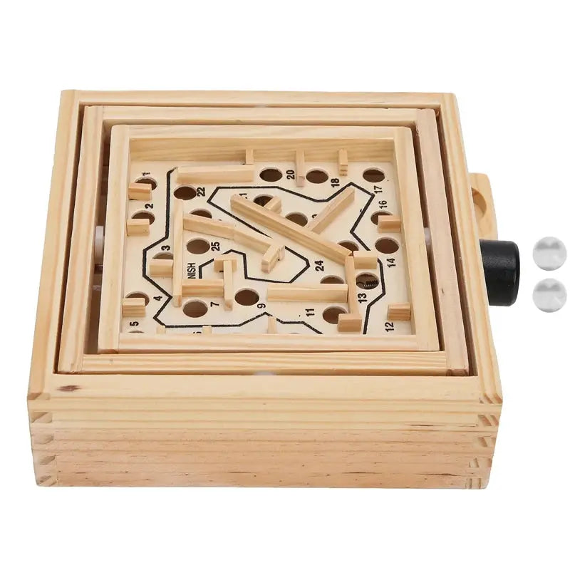 Wooden pegboard puzzle with numbered holes and a handle on a white background