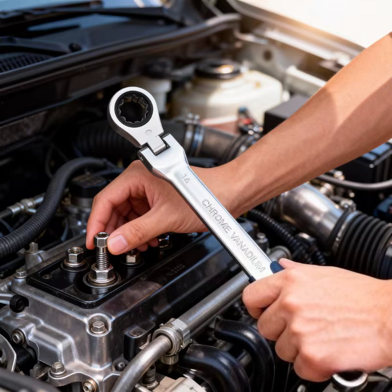 Person working on a car engine with a wrench