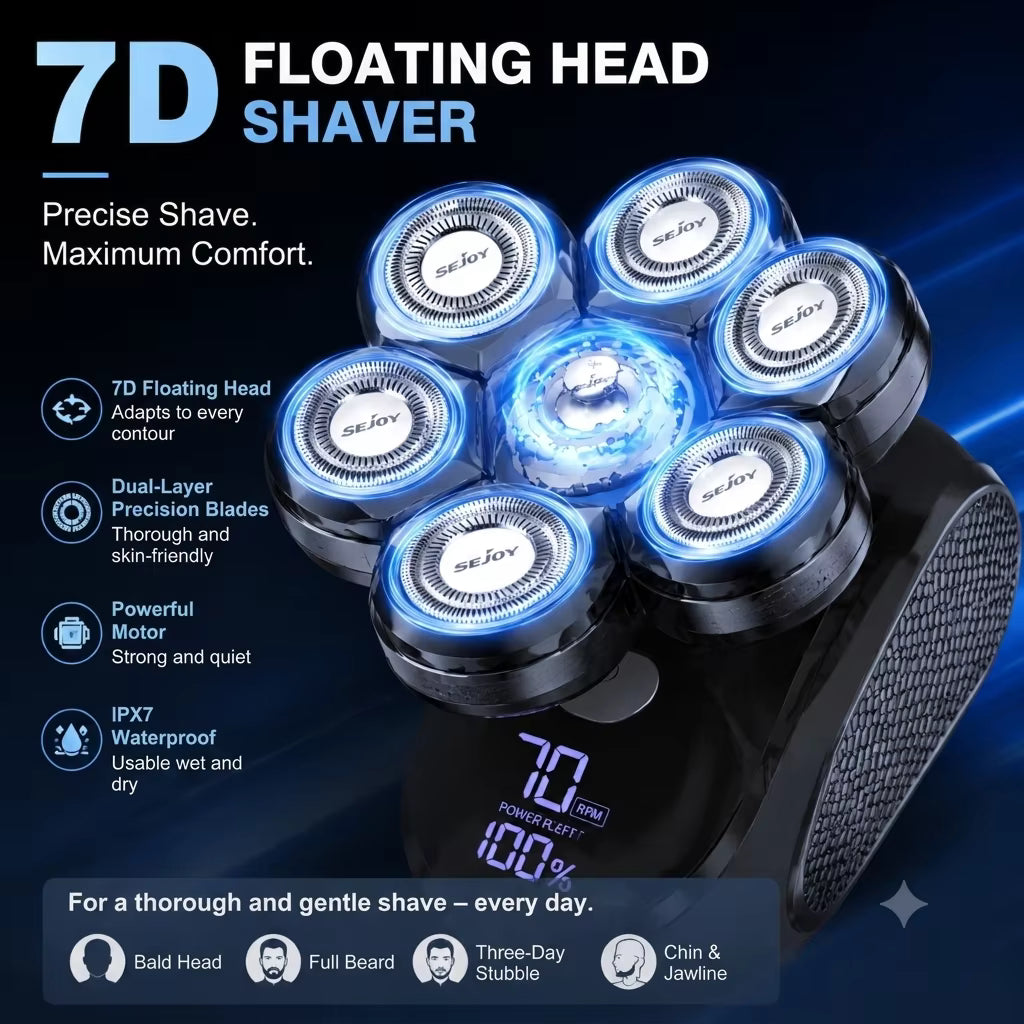 7D Floating 5-in-1 Electric Head Shaver for Bald Men | IPX7, LED, USB-C Fast Charge
