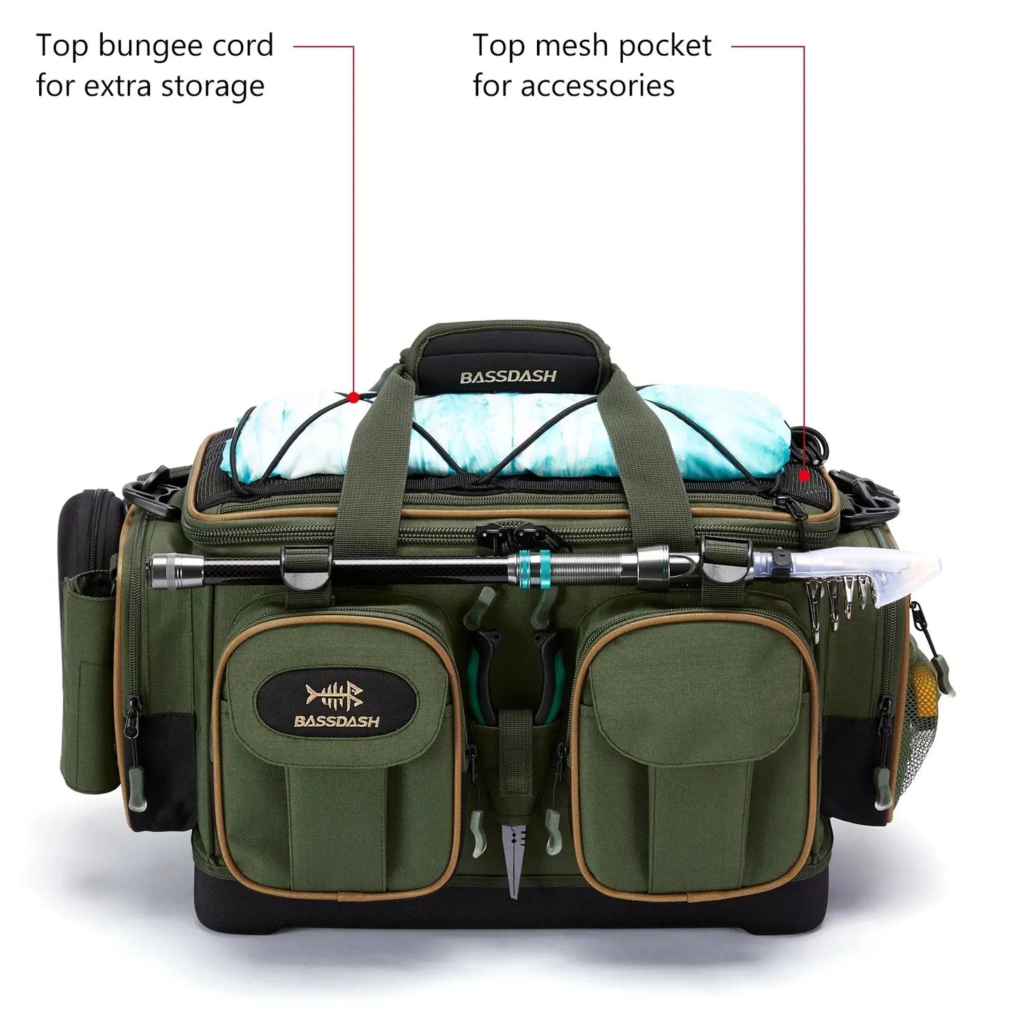 Green fishing bag with various compartments and accessories on a white background