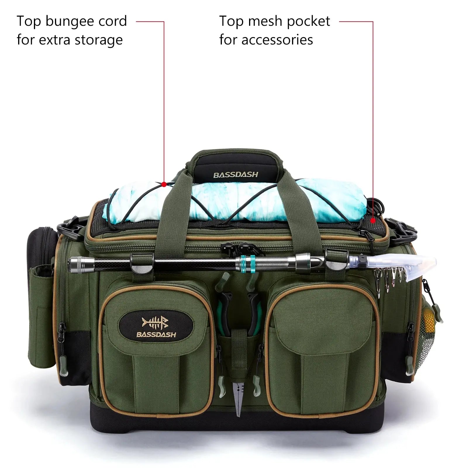 Green fishing bag with various compartments and accessories on a white background
