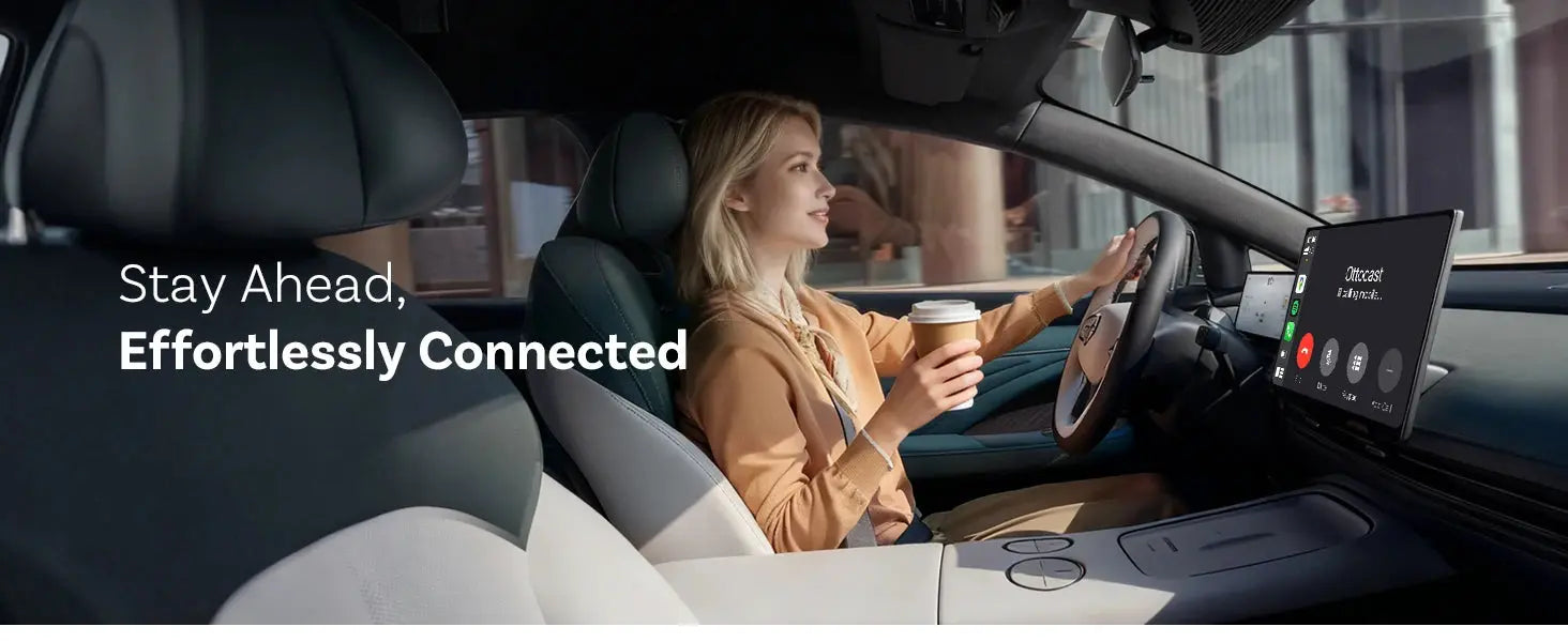 Woman using a car's infotainment system with text 'Stay Ahead, Effortlessly Connected' displayed.