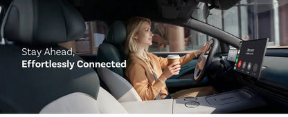 Woman using a car's infotainment system with text 'Stay Ahead, Effortlessly Connected' displayed.