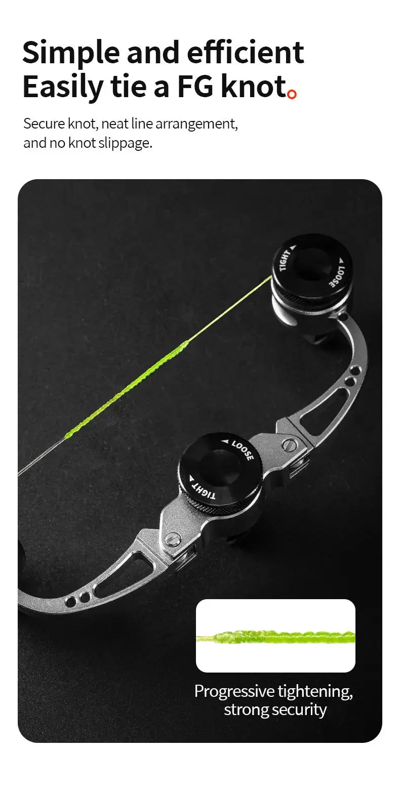 Knot-tying device with text on a black background