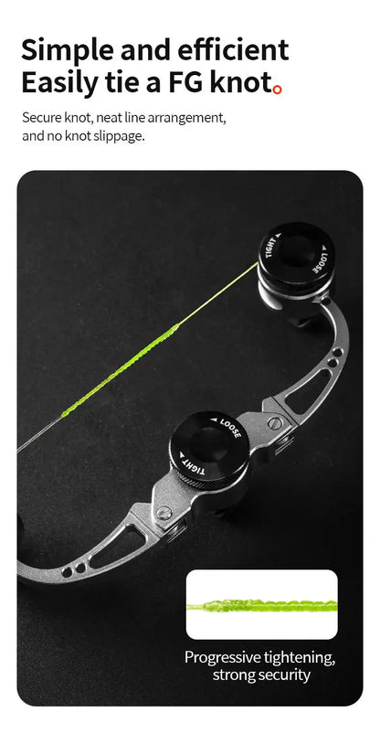 Knot-tying device with text on a black background