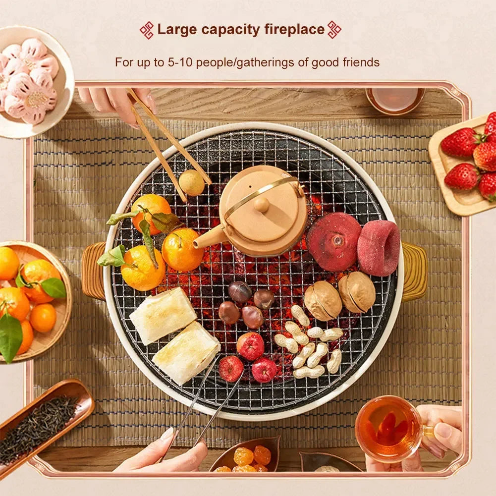 Large capacity fireplace with food and tea set on a table