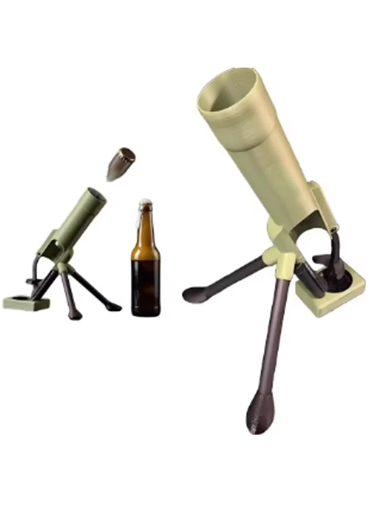 Khaki mortar beer bottle opener cap launcher with beer bottle
