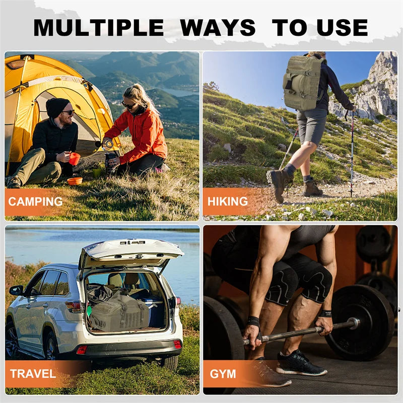 Lifestyle collage showing multiple uses for the tactical duffle bag - camping, hiking, travel and gym
