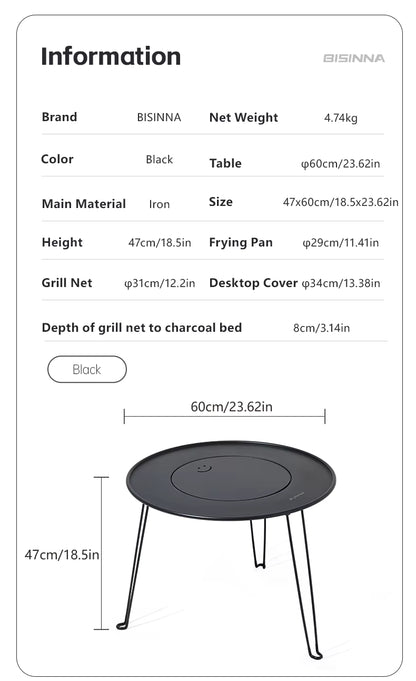 BISINNA Portable Folding Charcoal BBQ Grill & Camping Table | 4-in-1 Outdoor Stove