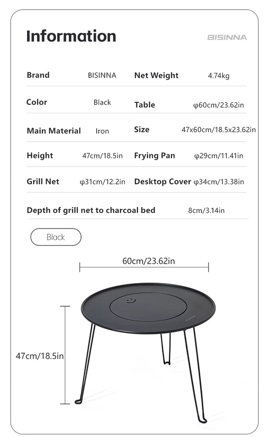 BISINNA Portable Folding Charcoal BBQ Grill & Camping Table | 4-in-1 Outdoor Stove