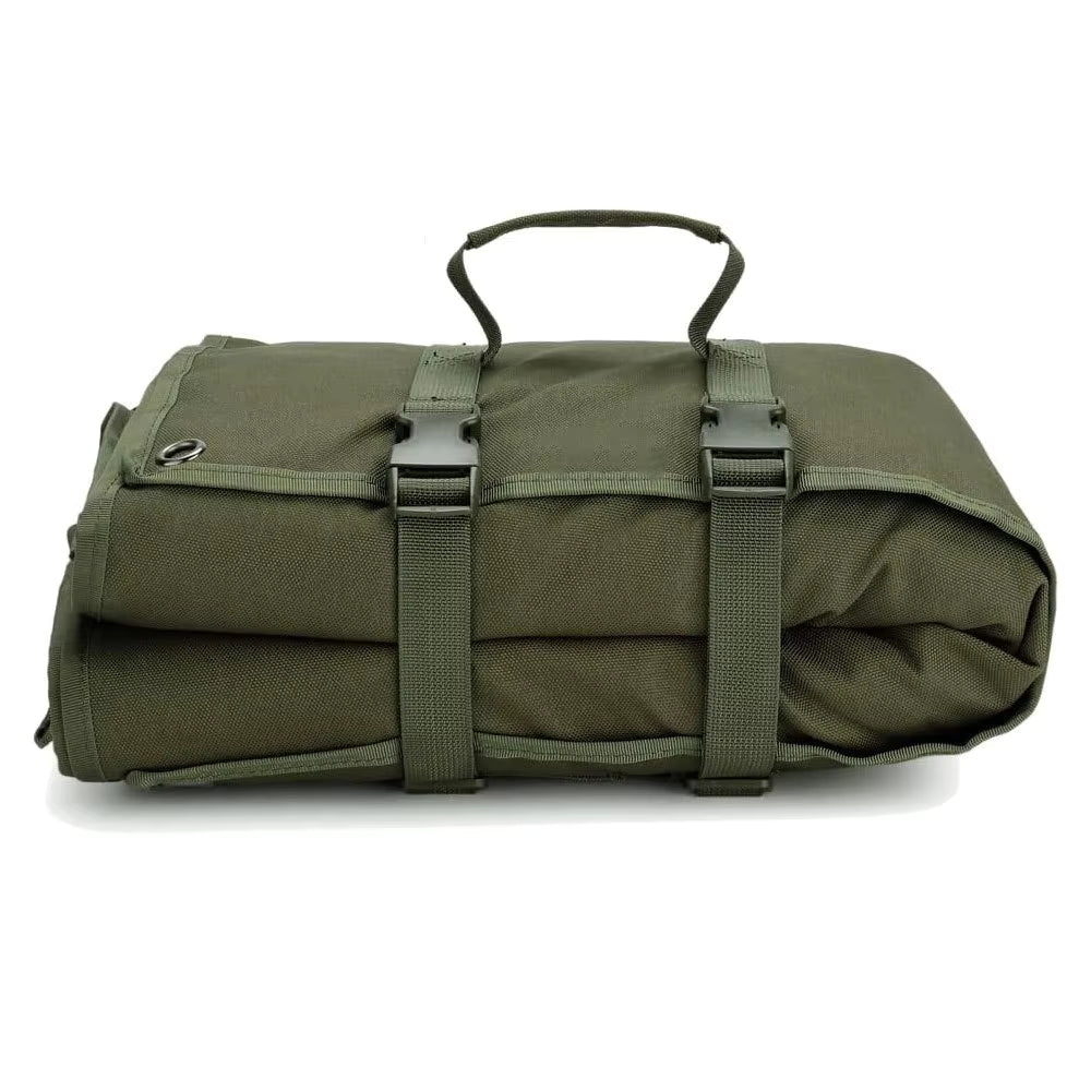 Av8Store tactical shooting mat rolled and strapped for compact storage - waterproof 900D nylon in green