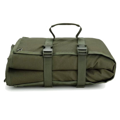 Av8Store tactical shooting mat rolled and strapped for compact storage - waterproof 900D nylon in green