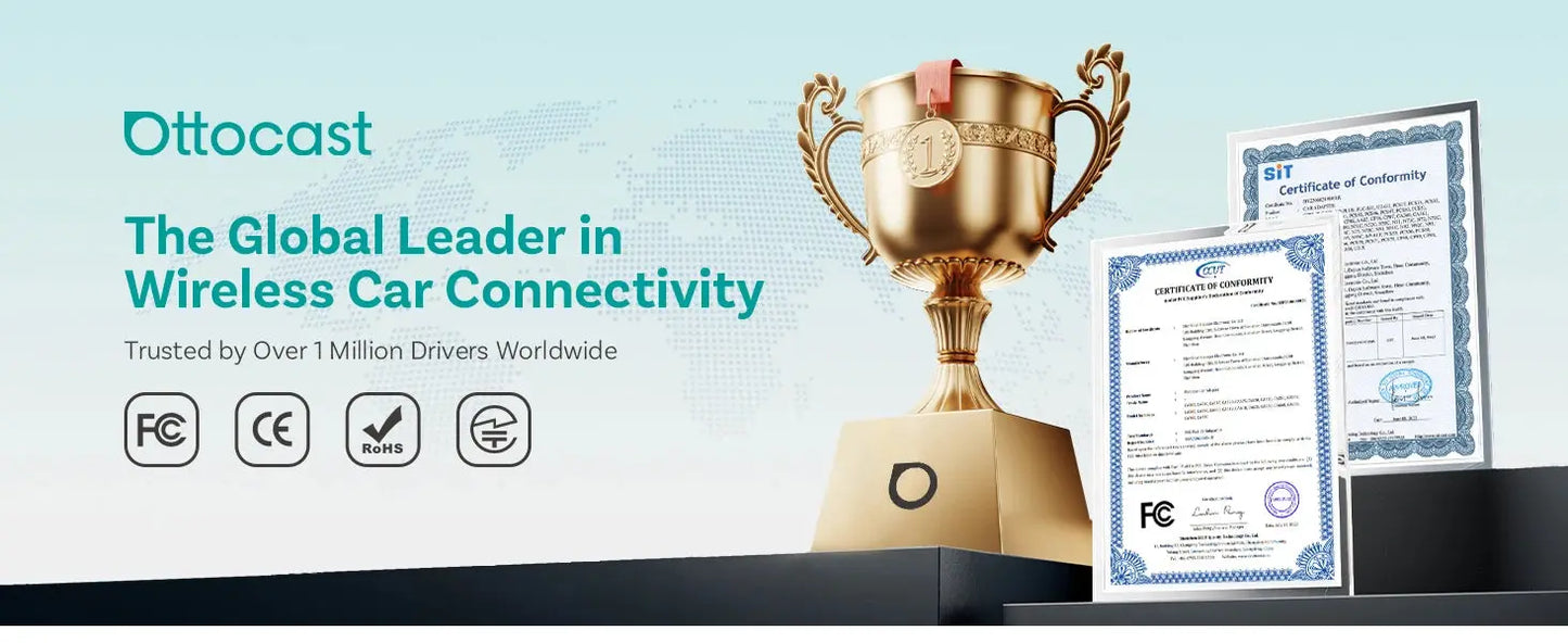 Ottocast trophy and certification on a light blue background