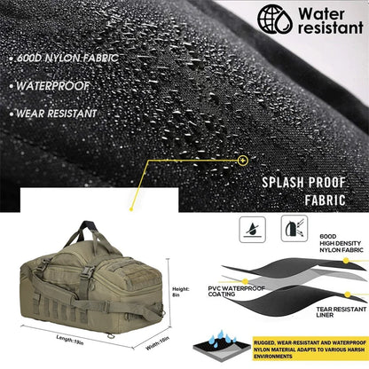 Tactical duffle bag material infographic - 600D high-density fabric with PVC waterproof coating and tear-resistant liner, splash proof; bag dimensions 19 x 10 x 8 inches
