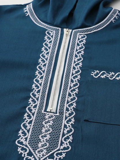 Men's Islamic Hooded Thobe – Luxury Embroidered Moroccan Robe with Pockets AEX