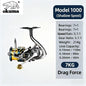 Fishing reel with Okuma branding and technical specifications on a white background