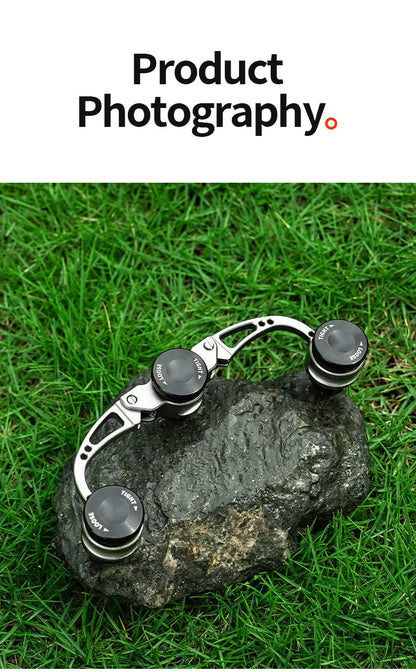 Metallic object on a rock with grass background, labeled 'Product Photography'.