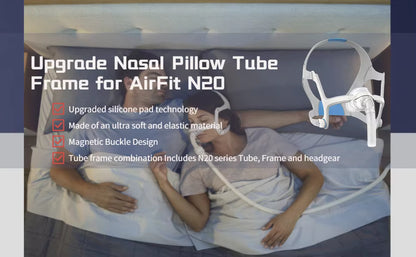Person using a nasal pillow tube frame for AirFit N20 with product features listed.