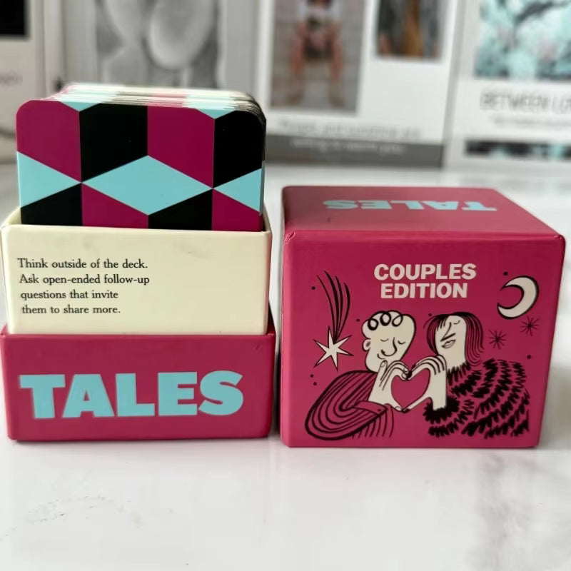TALES Couples Edition box open with the card deck and a conversation tip card