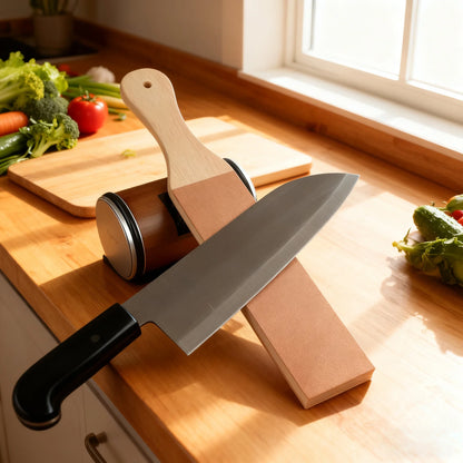 Magnetic knife holder with rolling sharpener mounted
