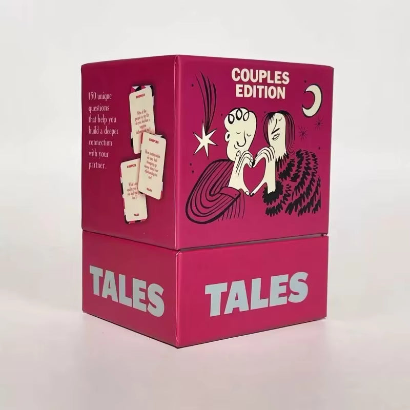 TALES Couples Edition box open showing question cards and the 150-question description panel