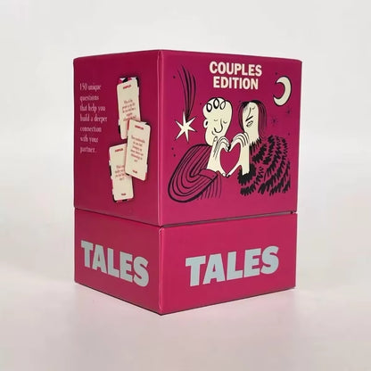 TALES Couples Edition box open showing question cards and the 150-question description panel