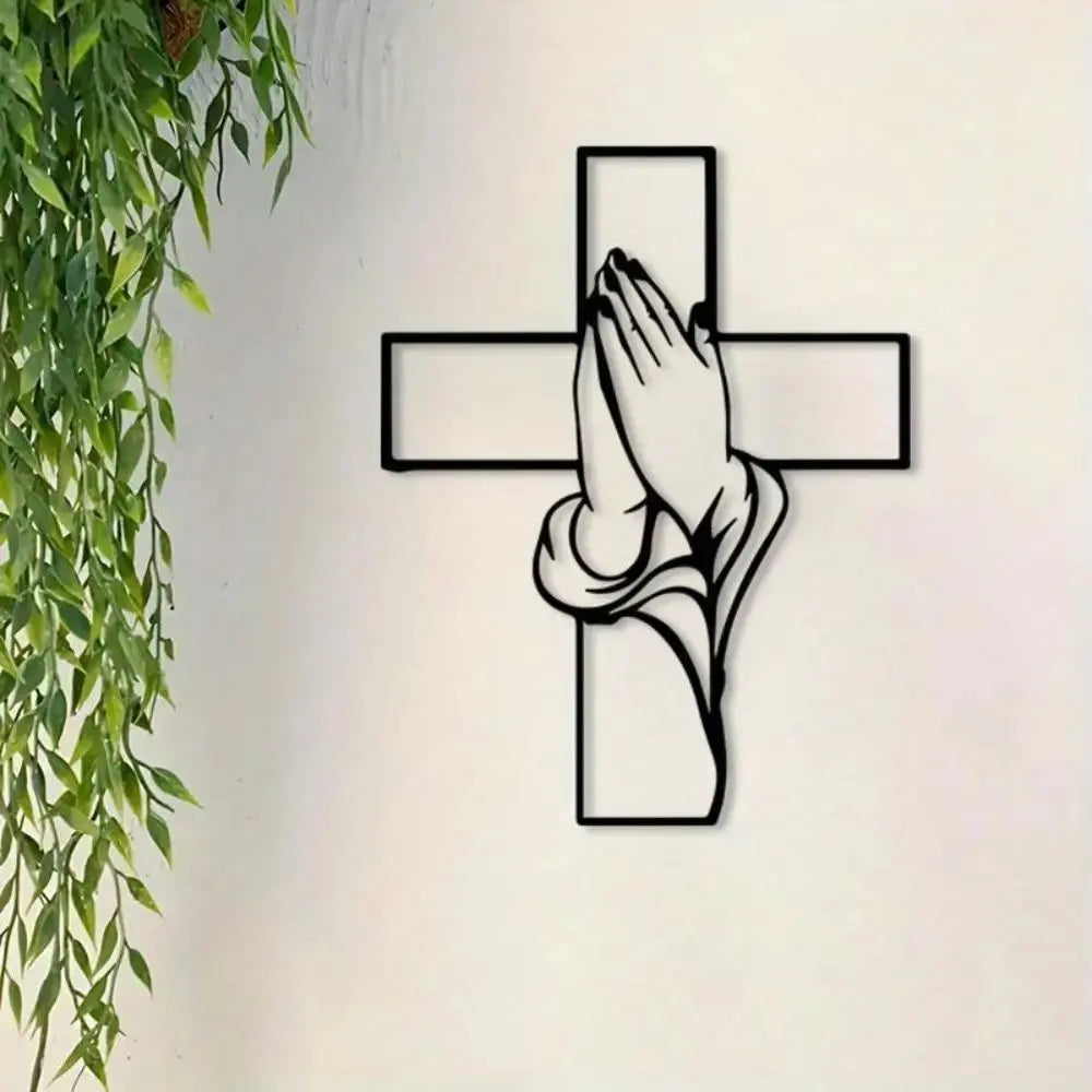Cast Iron Cross Wall Art – Praying Hands Religious Metal Decor, Easy‑Hang Christian Home Gift AEX