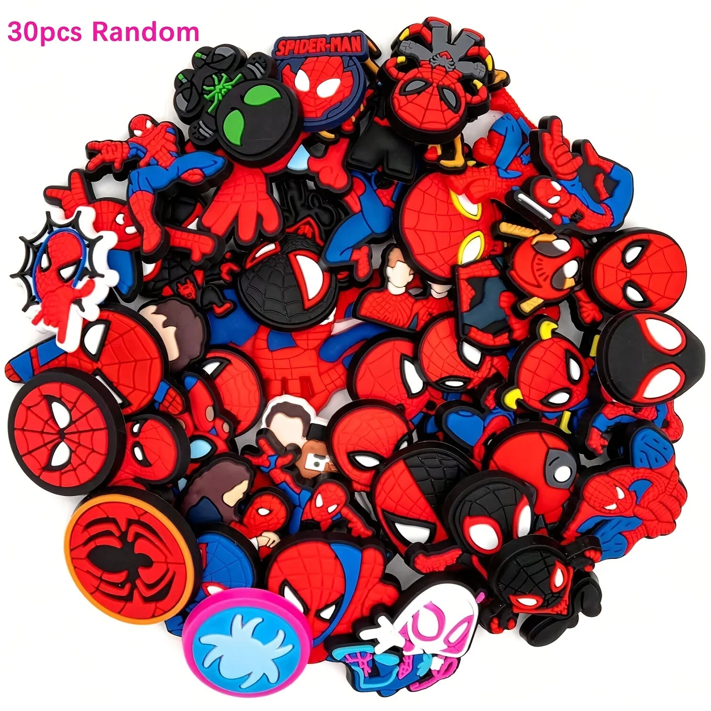 Assorted Spider-Man character figurines on a white background. Croc Charms