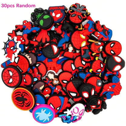 Assorted Spider-Man character figurines on a white background. Croc Charms