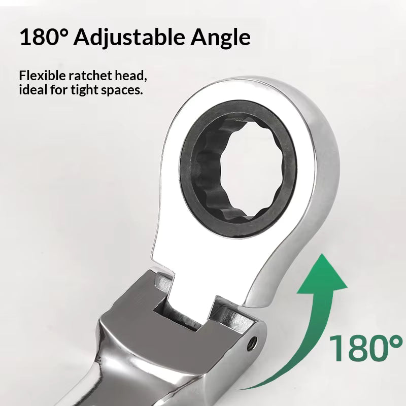 180-degree adjustable angle ratchet wrench on a light gray background
