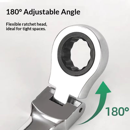 180-degree adjustable angle ratchet wrench on a light gray background