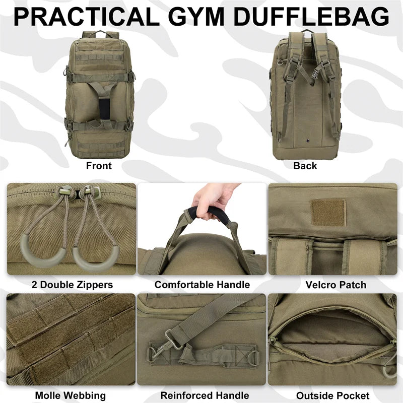 Practical gym duffle bag feature collage - front and back views, 2 double zippers, comfortable and reinforced handles, Velcro patch, Molle webbing and outside pocket