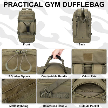 Practical gym duffle bag feature collage - front and back views, 2 double zippers, comfortable and reinforced handles, Velcro patch, Molle webbing and outside pocket