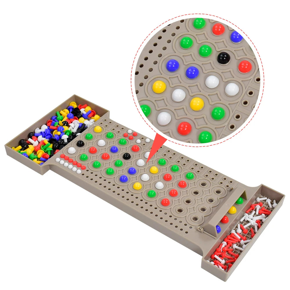 Board game with colorful pegs and a close-up of the pegs on a white background