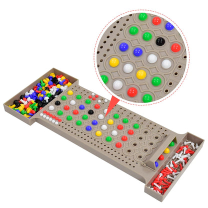 Board game with colorful pegs and a close-up of the pegs on a white background