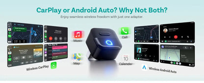 Wireless adapter for CarPlay and Android Auto with app icons on a light blue background