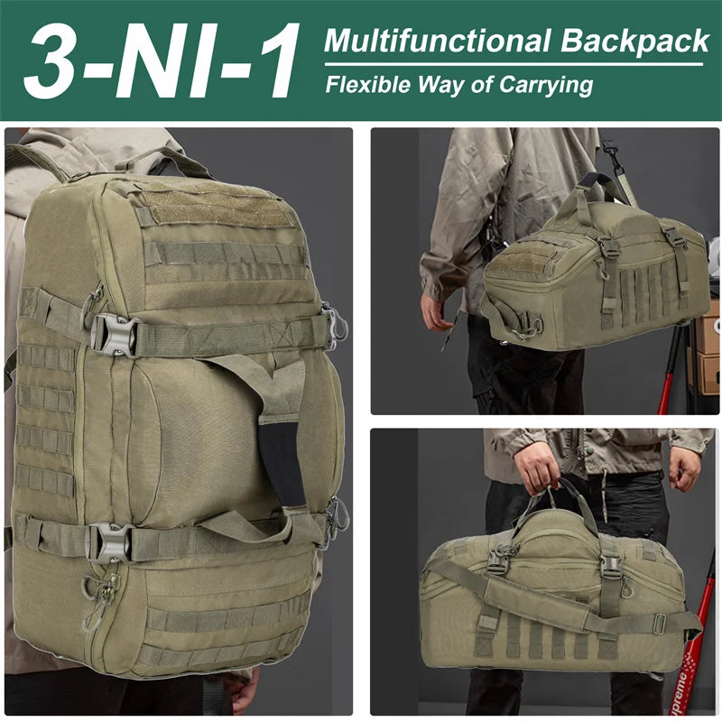 3-in-1 multifunctional tactical duffle bag shown worn as a backpack and carried by hand or over the shoulder, olive green