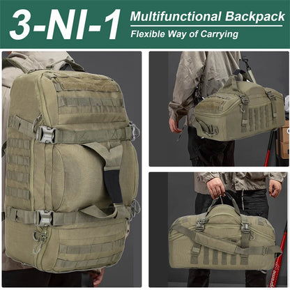 3-in-1 multifunctional tactical duffle bag shown worn as a backpack and carried by hand or over the shoulder, olive green