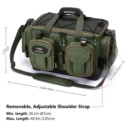 Green fishing bag with dimensions and shoulder strap information on a white background