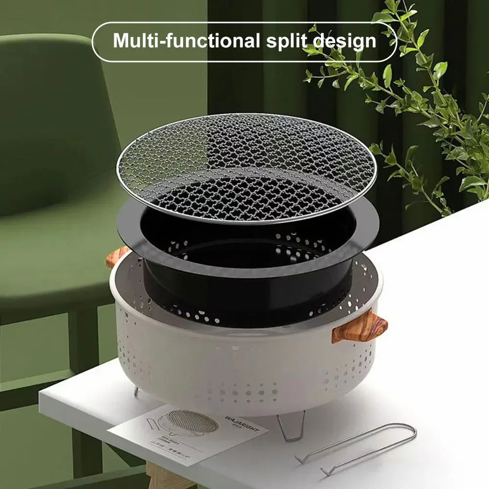 Multi-functional split design kitchen appliance on a table with a green chair and plant in the background.