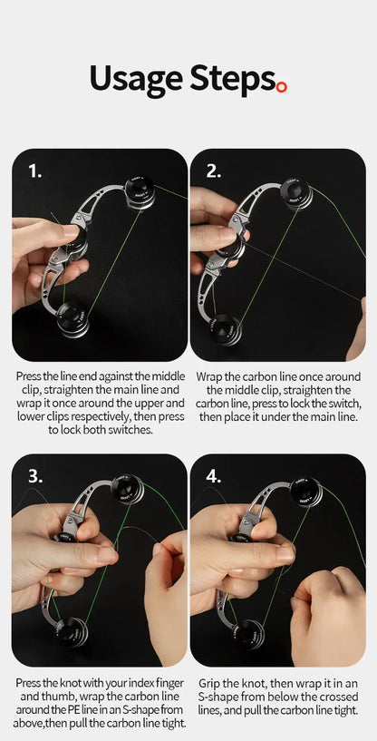 Step-by-step guide on how to use a bowstring tensioner with clear illustrations.