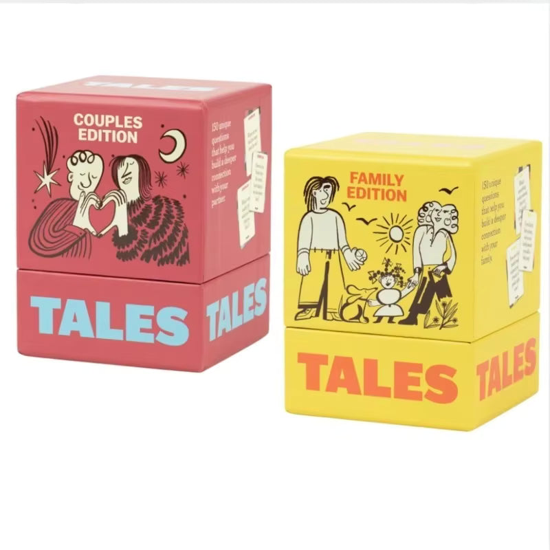 TALES Couples Edition and Family Edition boxes side by side showing the 150-question description panels