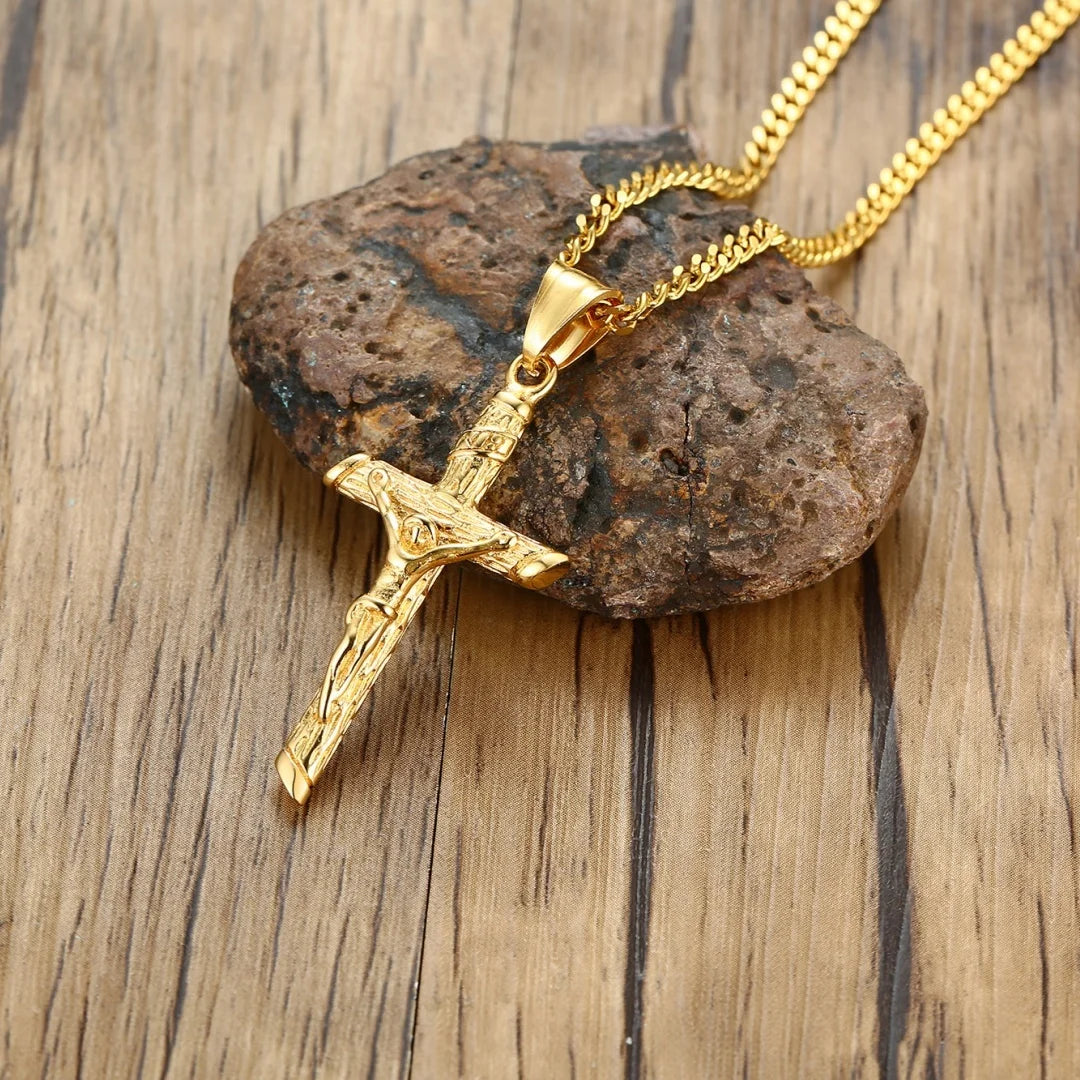 Stainless Steel Cross Necklace – Gold Jesus Pendant | Catholic Faith Jewellery